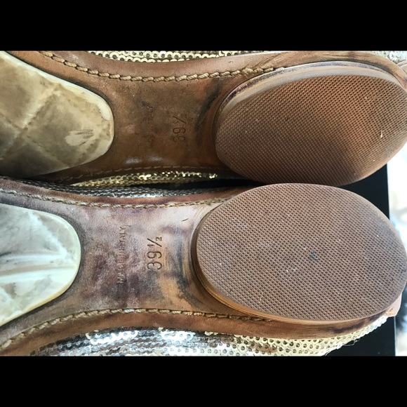 Tan and gold Chanel flats